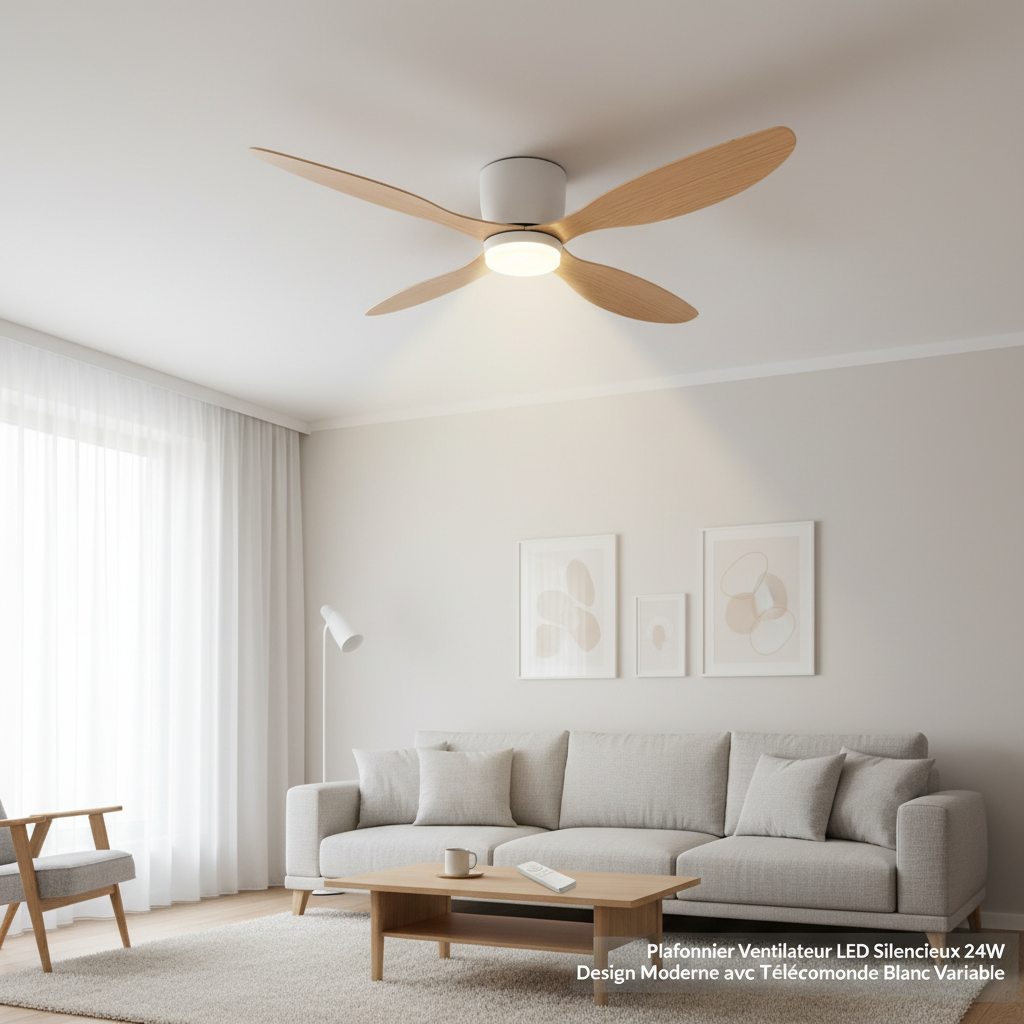 Plafonnier Ventilateur LED Silencieux 24W Design Moderne avec Télécommande Blanc Variable