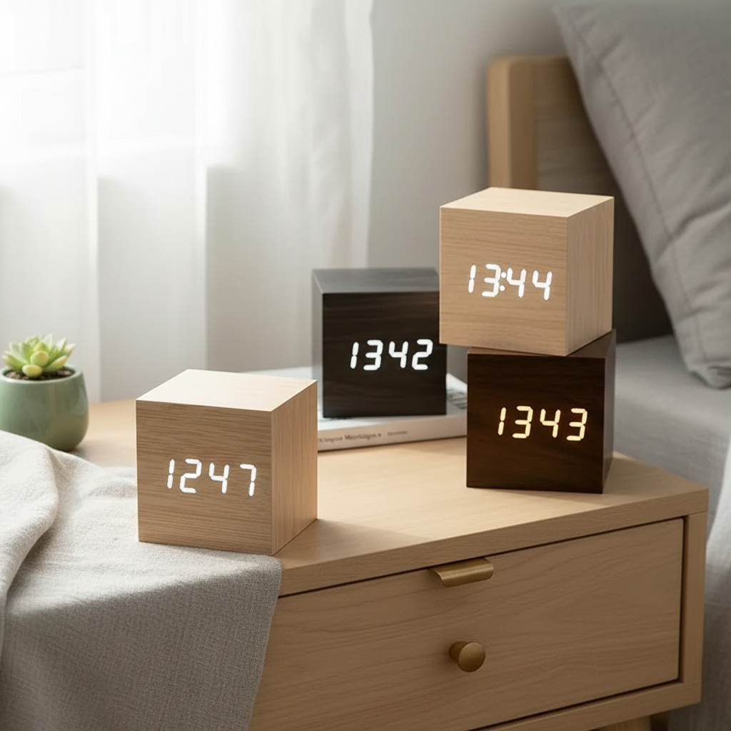 Réveil Cube LED Bois Scandinave