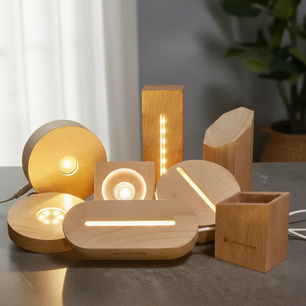 Socle Lumineux LED en Bois Support Cristal Art